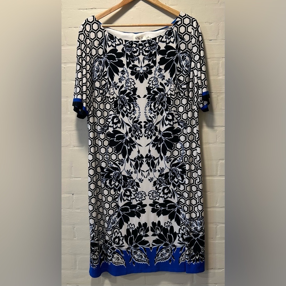Eliza J Black White Blue Honeycomb Floral Print Sheath Dress Size 18W